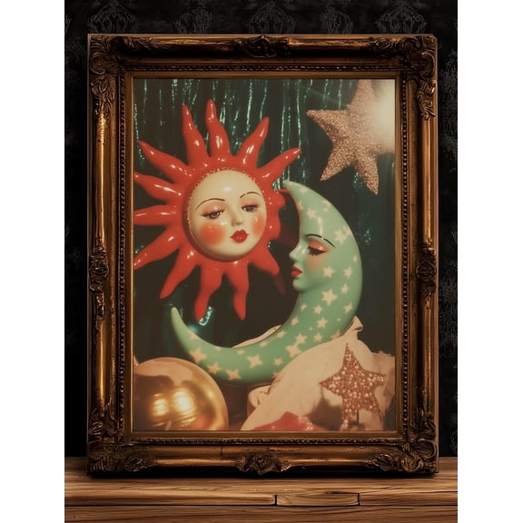 Celestial Sun And Crescent Moon Print, 90s Whimsigoth Decor, Whimsical Celestial Magical, Sun Moon Poster, Cosy Witchy Print, Poster Only
