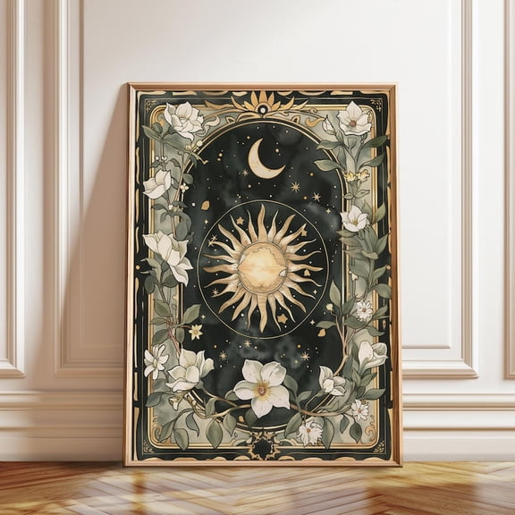 Celestial Sun And Moon Botanical Magnolia Wall Art Print, Unframed Paper Poster 8x10in