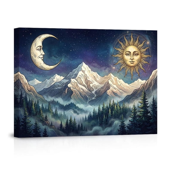 Celestial Sun And Moon Over Mountain Peaks Mystical Modern For Bedroom Living Room Canvas