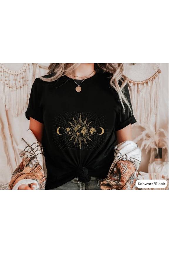 Celestial Sun And Moon Phases Graphic T-Shirt, Boho Mystical Lunar Solar Art Tee Comfort Colors Unisex Cotton T-Shirt, Sizes S-3XL