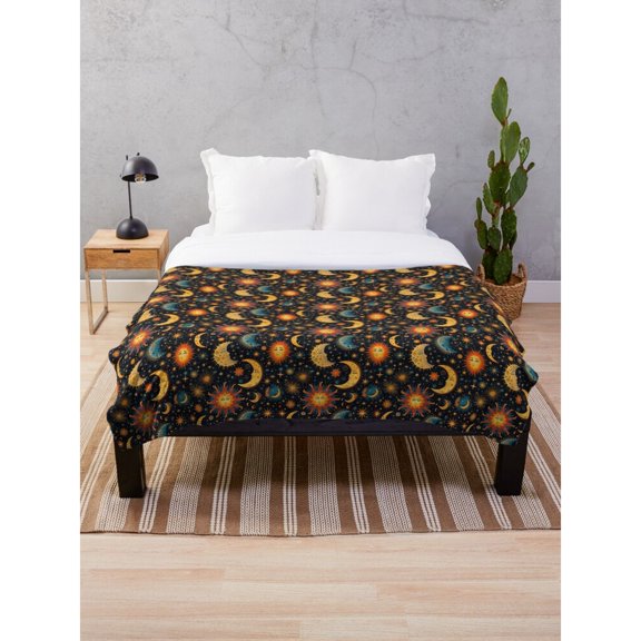 Celestial Sun, Crescent Moon and Stars Black and Gold Polyester Fleece Blanket, 280 GSM, for Couch or Bed