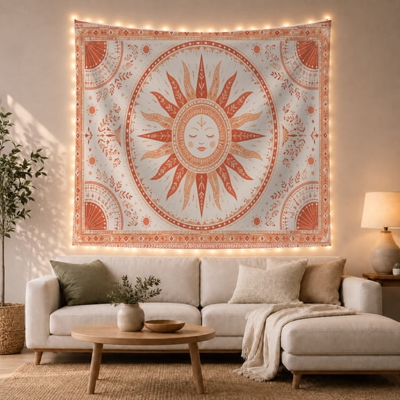 Celestial Sun Face on Cream Background Serene Boho for Meditation Enthusiasts Botanical Wall Art Housewarming Gift Tapestry Wall Hanging for Bedroom and Living Room