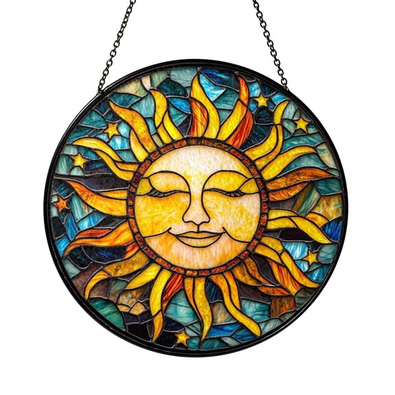 Celestial Sun Face Stained Glass Window Hanging, Spiritual Home Decor with Glowing Artistic Detail