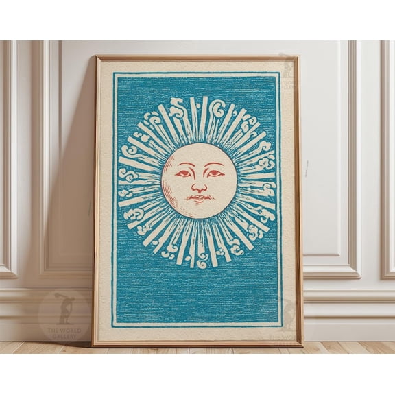 Celestial Sun Face Vintage Astrology Blue Wall Art Print, Unframed Paper Poster 8x10in