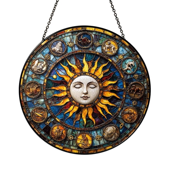 Celestial Sun Face Zodiac Glass Suncatcher Round Window Hanging, Astrology Wheel with Cosmic Symbols Mystical Sky Decorative Gift