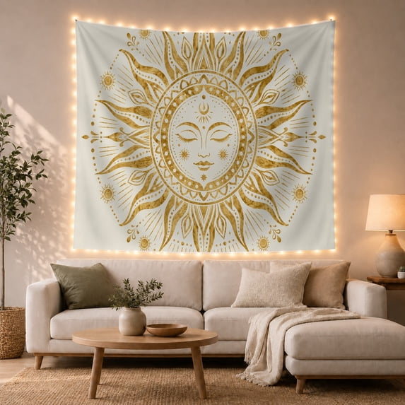 Celestial Sun With Human Face In Golden Rays, Mystical Boho Art For Boho Decor Lovers, Mystical Room Decor Housewarming Gift Tapestry Wall Hanging for Bedroom, Living Room and Dorm
