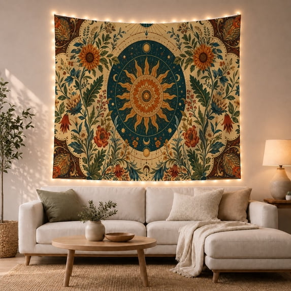 Celestial Sun Mandala in Cream Garden with Sunflowers, Mystical Boho for Bohemian Decor Lovers, Nature Art Decor, Housewarming Gift Tapestry Wall Hanging for Bedroom and Living Room