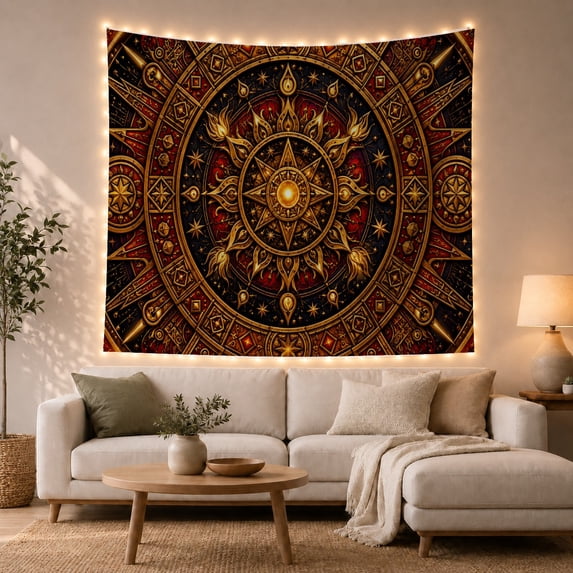 Celestial Sun Mandala in a Starry Cosmic Scene, Mystical Celestial Style for Space Lovers, Sacred Geometry Wall Art, Housewarming Gift, Tapestry Wall Hanging for Bedroom and Living Room
