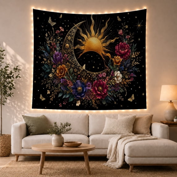 Celestial Sun and Moon on Black Background, Mystical Celestial for Home Decor Enthusiasts, Botanical Floral Art, Birthday Gift, Tapestry Wall Hanging for Bedroom and Living Room