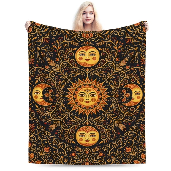 Celestial Sun Moon Blanket, Bohemian Flannel Throw Blanket, Super Soft Cozy Warm Blanket for Sofa, Couch, Recliner, Bedroom Decor, Astrology Inspired Gift 50x40