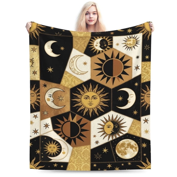 Celestial Sun Moon Blanket, Bohemian Flannel Throw Blanket, Super Soft Cozy Warm Blanket for Sofa, Couch, Recliner, Bedroom Decor, Astrology Inspired Gift 50x40