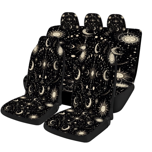 Celestial Sun and Moon Car Seat Covers Full Set, Universal Auto Seat Covers with Front Seat Covers, Rear Bench Cover and Headrest Covers for Cars SUVs Trucks Vans, Starry Interior Accessories