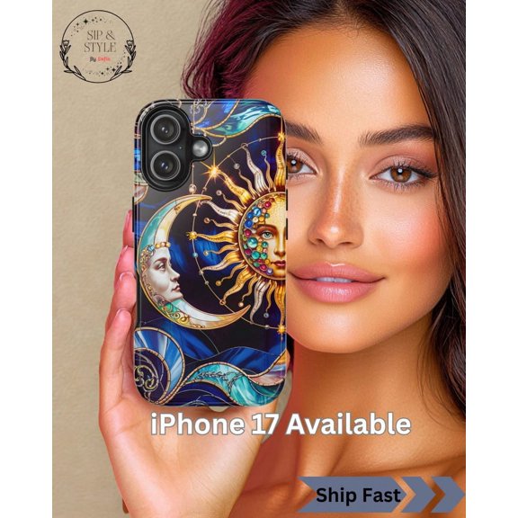Celestial Sun & Moon Case, iPhone Samsung Tough Phone Case: Stained Glass Style Art Print