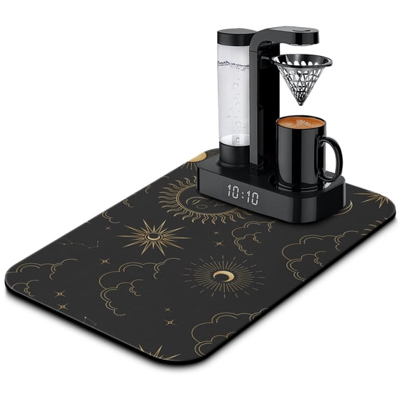 Celestial Sun & Moon Coffee Bar Mat, Absorbent Dish Drying Pad with Starry Sky & Cosmic Patterns, Leak-Proof Non-Slip Kitchen Mat for Coffee Makers