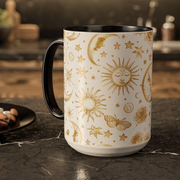 Celestial Sun and Moon Coffee Mug Boho Golden Aesthetic Stars, Flowers, and Butterfly Design 15oz Ceramic Tea Cup for Coffee Lovers, Spiritual Decor, and Unique Gift for Friends