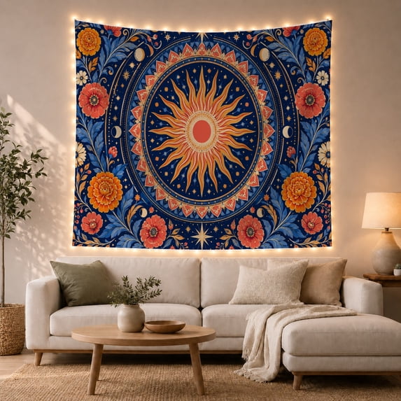 Celestial Sun and Moon Against Deep Starry Sky, Mystical Folk Art for Nature Lovers, Celestial Floral Wall Decor Housewarming Gift Tapestry Wall Hanging for Bedroom and Living Room