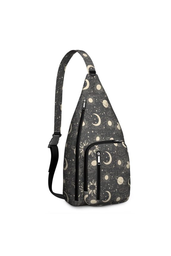 Celestial Sun and Moon Drawstring Backpack – Vintage Boho Astrology & Starry Night Print – Mystical Moon Phase & Cosmic Aesthetic Bag for Hiking, Festivals, and Spiritual Travel