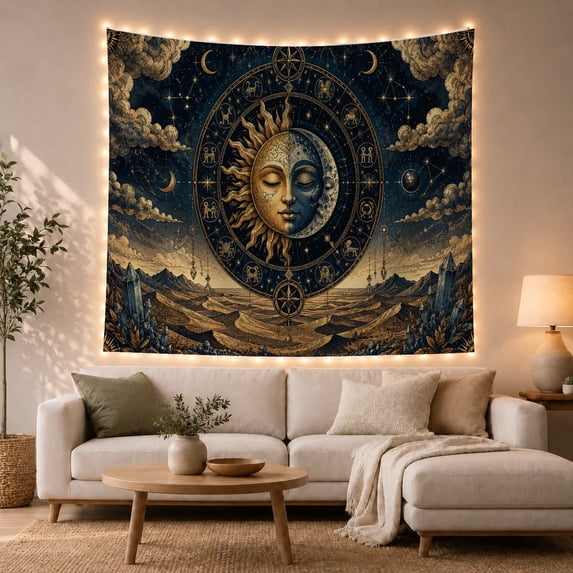 Celestial Sun Moon Face in Starry Navy Sky, Dreamy Vintage for Astronomy Lovers, Zodiac Constellation Art Decor, Housewarming Gift, Tapestry Wall Hanging for Bedroom and Living Room