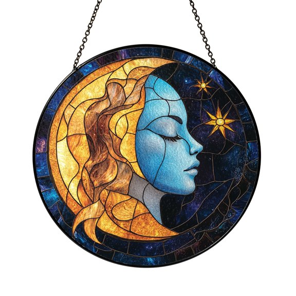 Celestial Sun Moon Faux Stained Glass Window Decor, Artistic Suncatcher Hanging with Mystic Style
