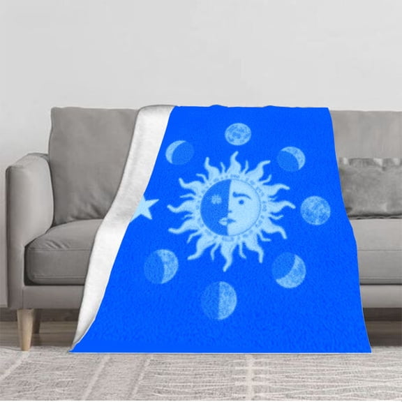 Celestial Sun & Moon Flannel Blanket - Soft Cozy Durable Design with Moon Phases - Perfect for Sofa Travel Bed & Chair