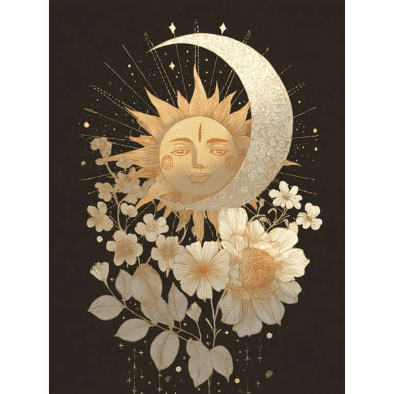 Celestial Sun Moon Floral Canvas Art, Boho Spiritual Wall Decor for Living Room Bedroom Meditation Yoga Zodiac