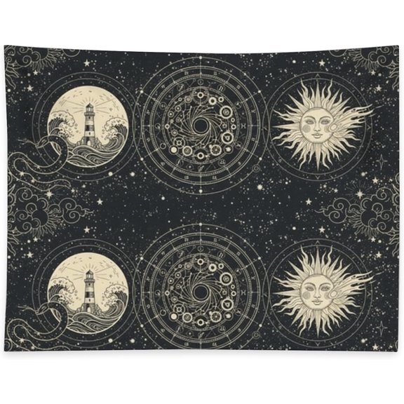 Celestial Sun Moon Hanging Tapestry Wall Art Lighthouse Astrological Wheel with Snakes Wall Hanging Mystical Decor Bohemian Art Boho Aesthetic Tapestry for Bedroom Dorm Living Room Decor 40 x 30 Inch