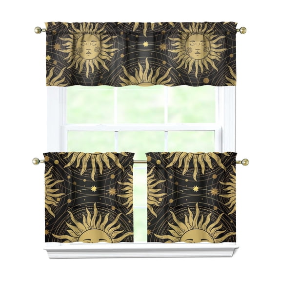 Celestial Sun Moon Kitchen Curtains 3-Piece Set - Gothic Astrology Print Tier Curtains with Valance, Starry Night Farmhouse Rod Pocket Window Panels 54x18 & 27.5x24 Inch