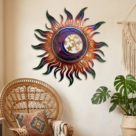 Celestial Sun Moon Metal Wall Art, Iridescent Outdoor Garden Decor