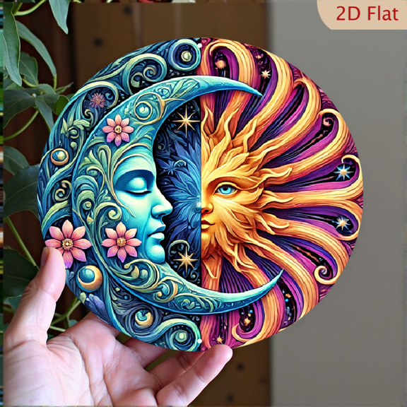 Celestial Sun and Moon Metal Wall Art, Psychedelic Day and Night Round Aluminum Decor, 8x8 Inch Boho Cosmic Wall Hanging for Living Room Bedroom Office