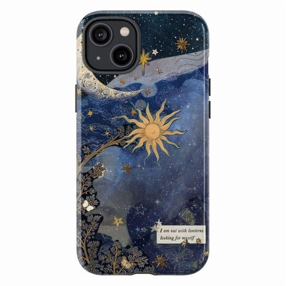 Celestial Sun and Moon Phone Case, Starry Night Sky Design with Quote "I Am Out With Lanterns Looking for Myself", Aesthetic Astrology iPhone Cover for iPhone 16 15 14 13 12 11 Pro Max Plus Mini