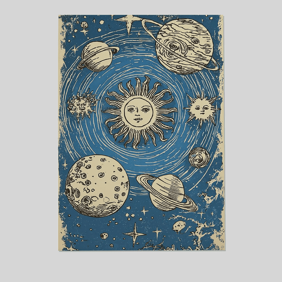Celestial Sun Moon Poster | Vintage Astrology Wall Art | Blue Cosmic Illustration Print Full Size 24''x36'' The Golden Shop