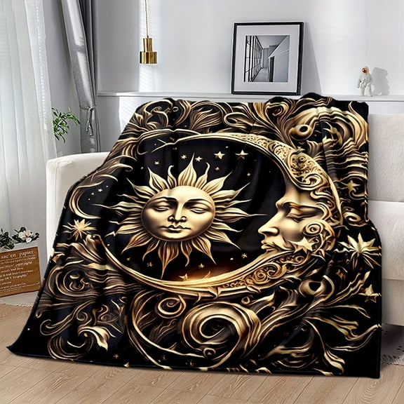 Celestial Sun and Moon Print Flannel Throw Blanket Ultra-Soft Tear Resistant All-Season Cozy Bedding for Sofa or Bed Black with Golden and Cream Design 200-250G/sq.m Blanket for Bed