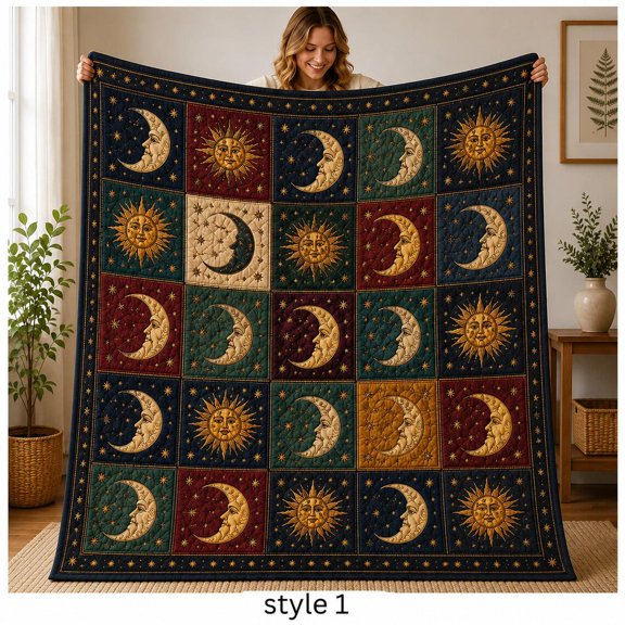 Celestial Sun Moon Quilt Blanket, Astrology Throw, Boho Gothic Bedding