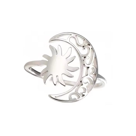 Celestial Sun Moon Ring Stainless Steel Open Adjustable Crescent Band Womens Fantasy Forge Jewelry