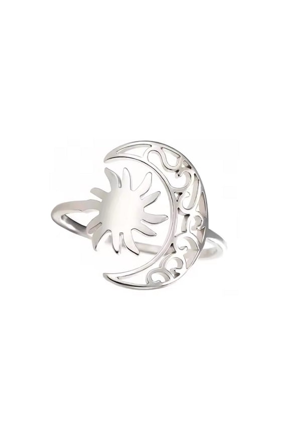 Celestial Sun Moon Ring Stainless Steel Open Adjustable Crescent Band Womens Fantasy Forge Jewelry