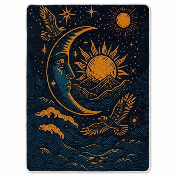 Celestial Sun Moon Sherpa Blanket, Soft Polyester Fleece Throw