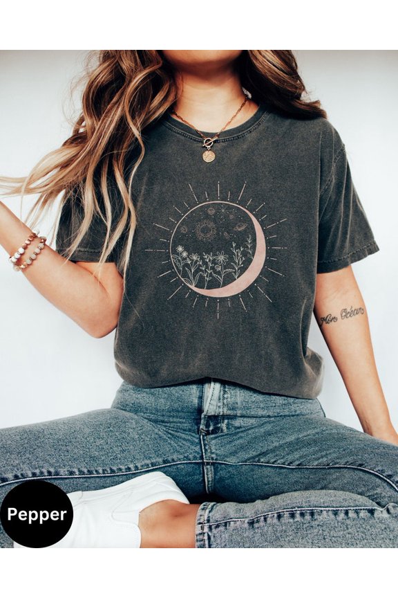 Celestial Sun Moon Shirt Witchy Floral Graphic Tee Spiritual Astrology Aesthetic Top Comfort Colors Unisex Cotton T-Shirt, Size S-3XL