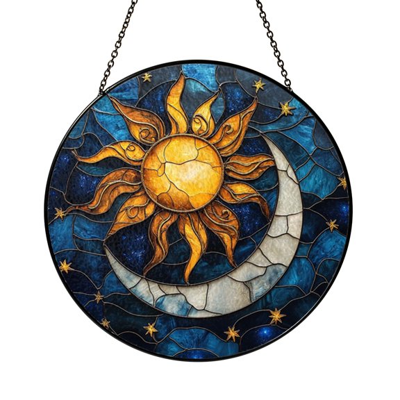 Celestial Sun Moon Stained Glass Window Suncatcher, Bright Color Sky Inspired Hanging Art, Decorative Light Catcher for Home Window