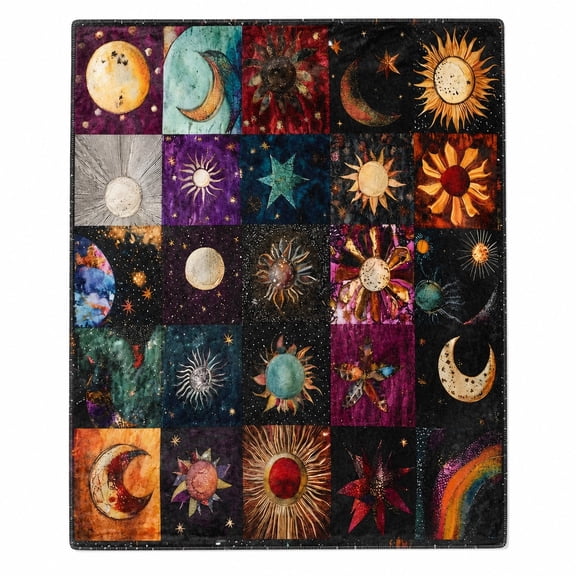 Celestial Sun Moon Star Fleece Throw Blanket, Soft Cozy 280gsm Decorative Print Blanket for Sofa, Couch, Living Room