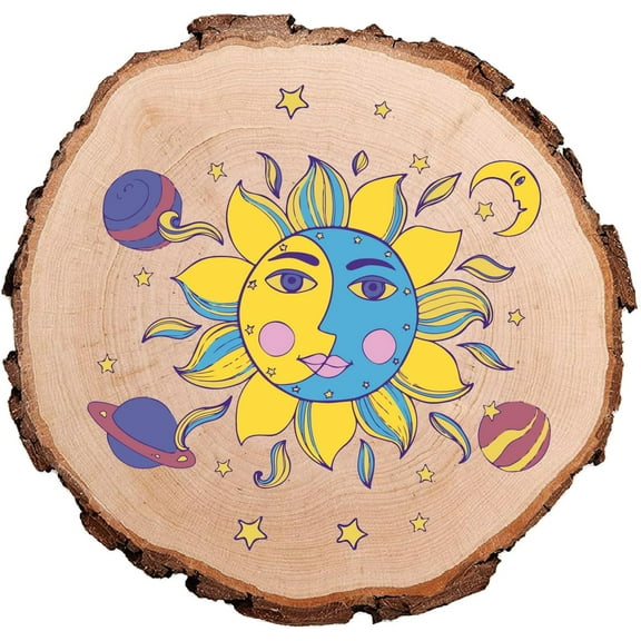 Celestial Sun Moon and Stars Natural Round Wood Slices 4.3 Inch Rustic Undrilled Wooden Centrepiece Circular Tree Trunk Discs Log Coaster Decor Holiday Ornaments for Home Living Room 1pc DIY
