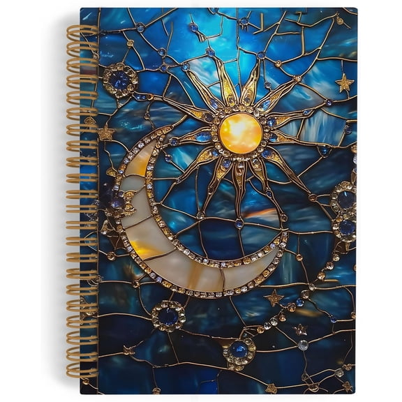 Celestial Sun Moon and Stars Spiral Notebook, Celestial Astrology Gothic A4 Journal Notebook, Sun Moon Notebooks for School Work, Blue Night Sky Celestial Gifts for Women, 8.3x11.7 Inch
