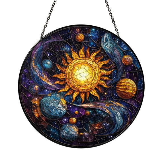 Celestial Sun Moon Stars Stained Glass Suncatcher with Cosmic Design, Circular Window Hanging Decor