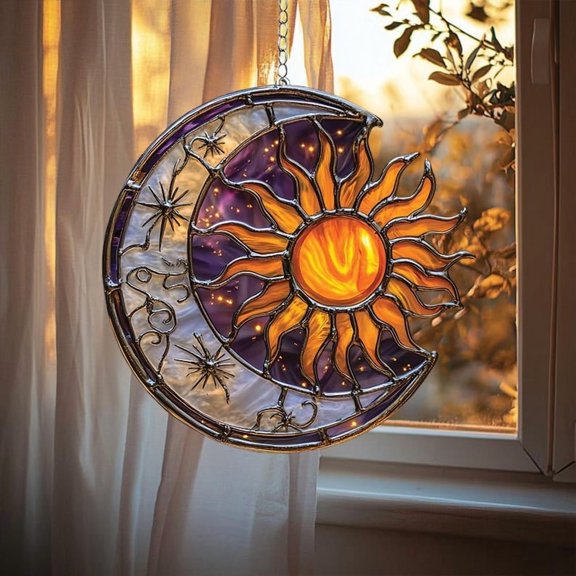 Celestial Sun Moon Suncatcher with Stars and Swirls, Cosmic Acrylic Window Hanging Decor for Dreamers, Witches and Stargazers