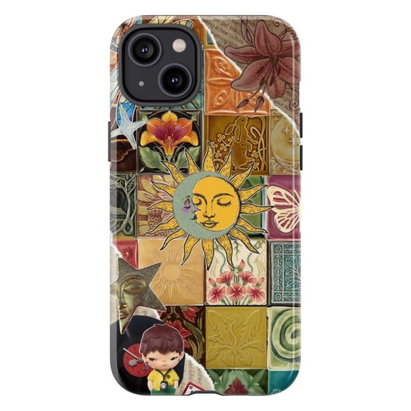 Celestial Sun Moon Tile Collage Phone Case, Artistic Floral Mosaic Cover for iPhone 17 16 15 14 13 12 11 Pro Plus Mini