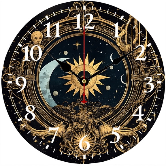 Celestial Sun and Moon Wall Clock 9.84 Inch, Vintage Gothic Black Gold Decorative Round Analog Clock, Battery Operated Non Ticking Clock for Living Room Bedroom Office