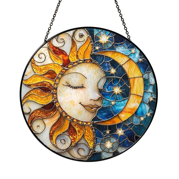 Celestial Sun Moon Window Suncatcher, Faux Glass Inspired Day Night Harmony Panel for Gift Ideas