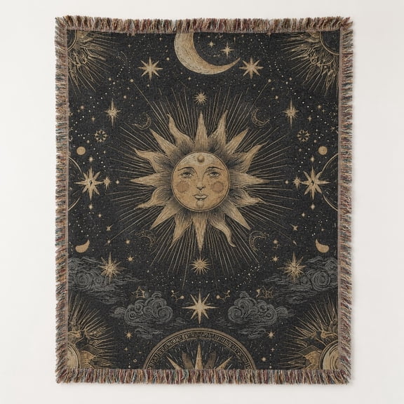 Celestial Sun Moon Woven Cotton Throw Blanket with Fringe, Starry Wall Decor