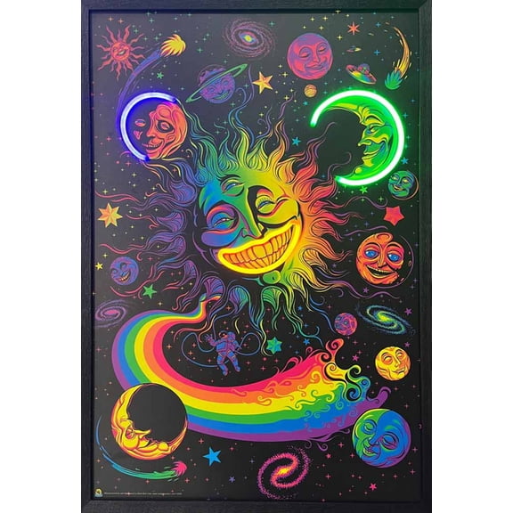 Celestial Sun Moon and Stars Framed LED Neon Light Canvas Print - 24" x 36"