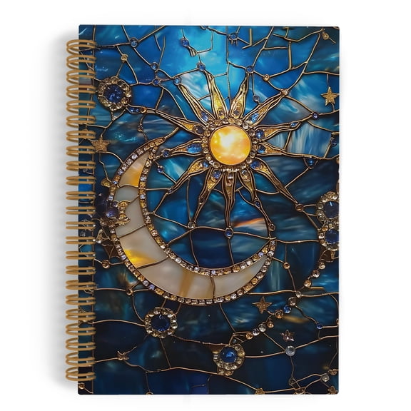 Celestial Sun Moon and Stars Spiral Notebook, Dark Blue Starry Night Sky Journal 5.5x8.3 Inch 164 Pages