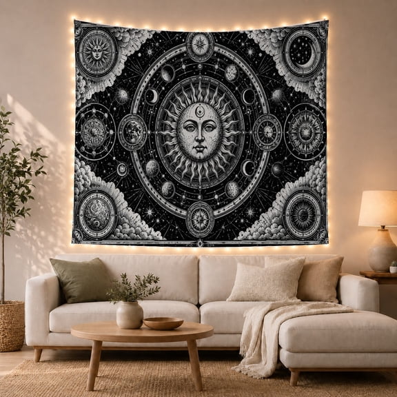 Celestial Sun with Moons and Stars in Orbital Paths Mystical Celestial for Astronomy Fans Celestial Wall Art Housewarming Gift Tapestry Wall Hanging for Bedroom and Study Room